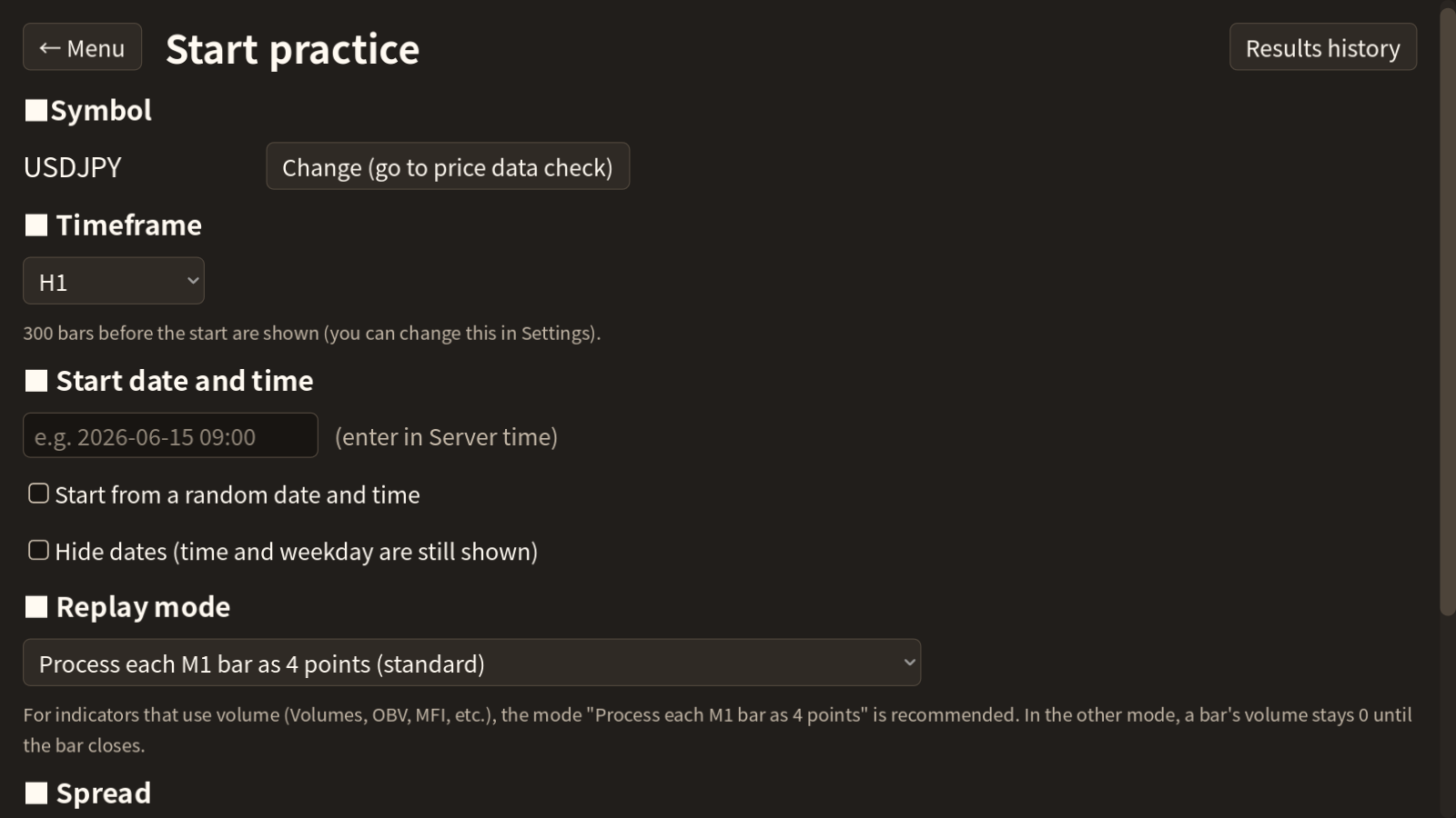 Start practice screen